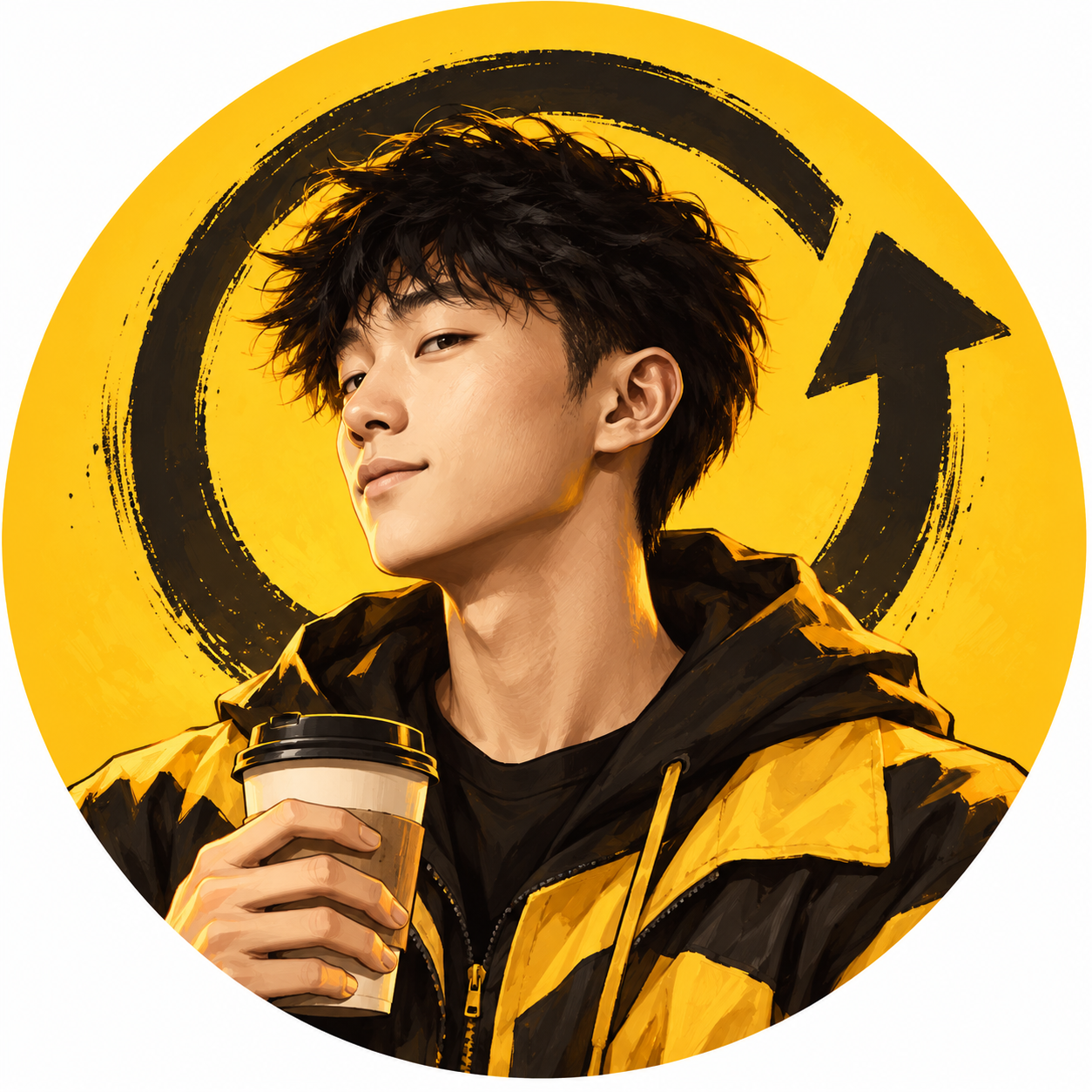 Kimchi Retry fan mascot in a yellow jacket with coffee and a retry arrow